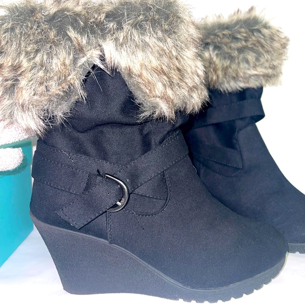 COPY - Lower East Side Black Wedge buckle Booties with Faux Fur Trim
